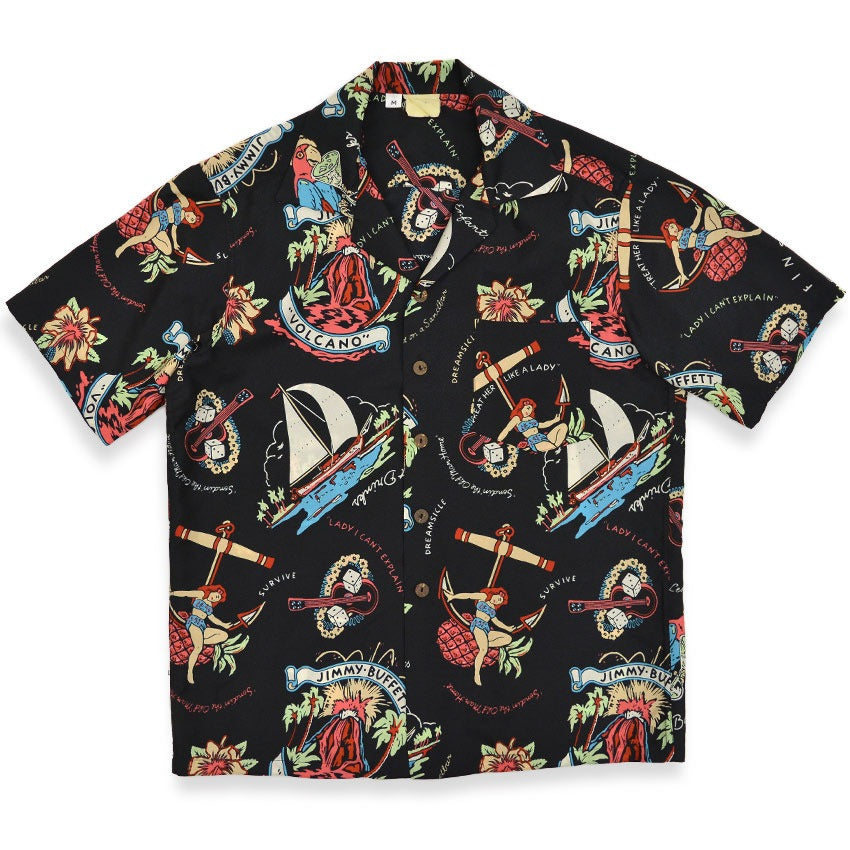 1980's~ JIMMY BUFFETT VOLCANO BLACK ALOHA SHIRT...M