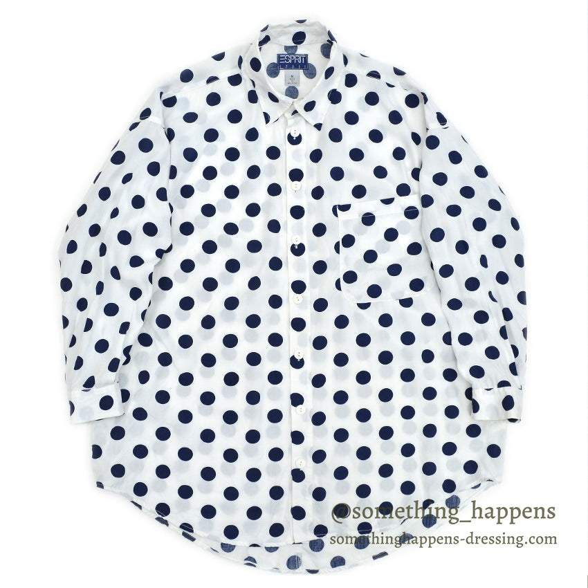 1990's~ ESPRIT SPORTS NAVY DOTS RAYON SHIRT...M