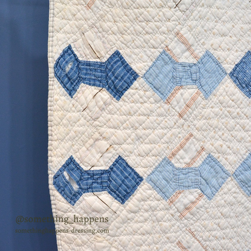 ANTIQUE BOWTIE INDIGO CALICO PATCHWORK CRIB QUILT... 122cm/100cm