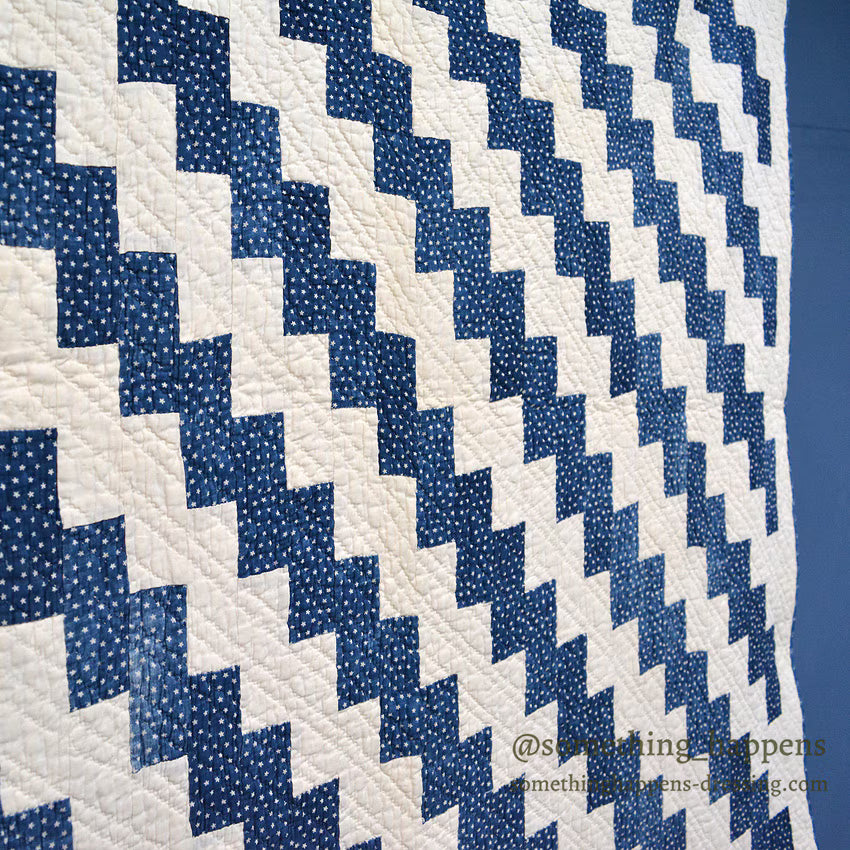 ANTIQUE LIGHTNING STREAK ZIG ZAG INDIGO STAR CALICO PATCHWORK QUILT... 195cm/120cm