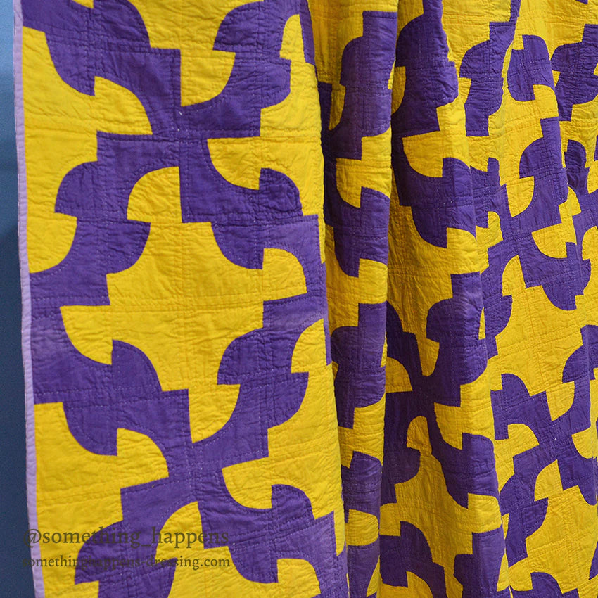 DRUNKARD'S PATH PURPLE & YELLOW PATCHWORK QUILT... 208cm/146cm