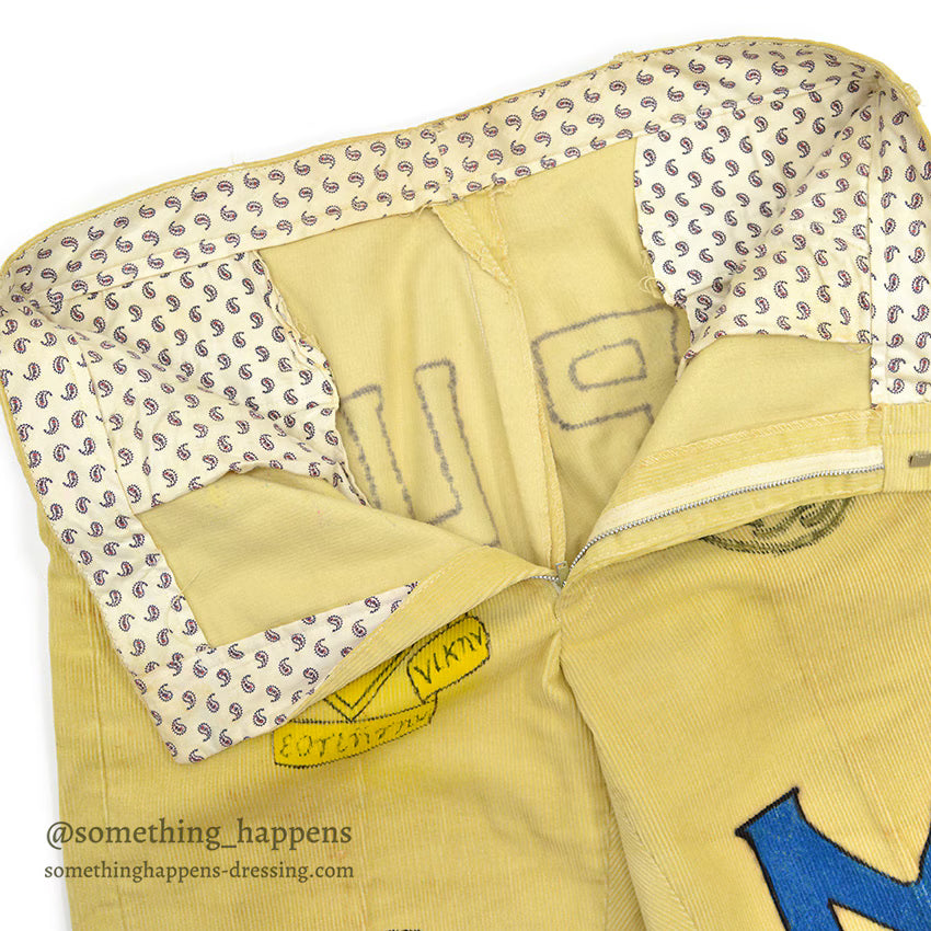 1960's PURDUE UNIVERSITY SENIOR CORDS HAND PAINTED PANTS SKULL & CRECENT... W36/L30