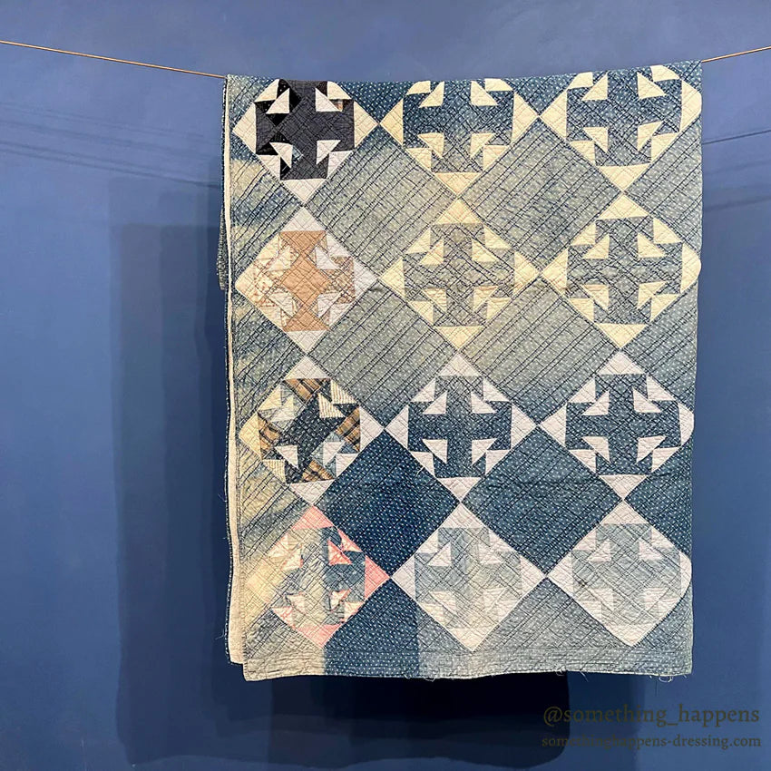 ANTIQUE INDIGO CALICO PATCHWORK QUILT BEAUTIFUL FADED... 196cm/164cm