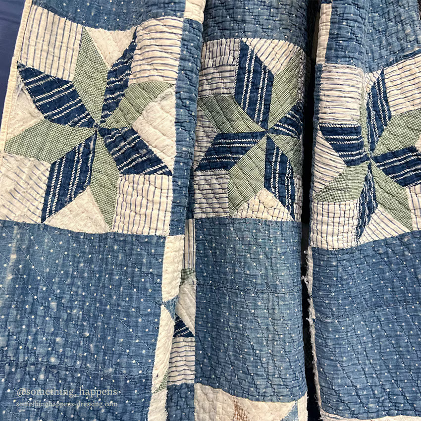 ANTIQUE EIGHT POINT STAR INDIGO CALICO PATCHWORK QUILT... 202cm/168cm
