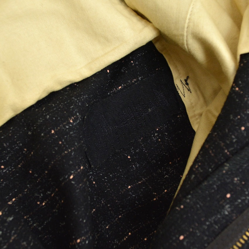 1950s-era black pinstripe Fleck Pattern kasuri wool slacks...