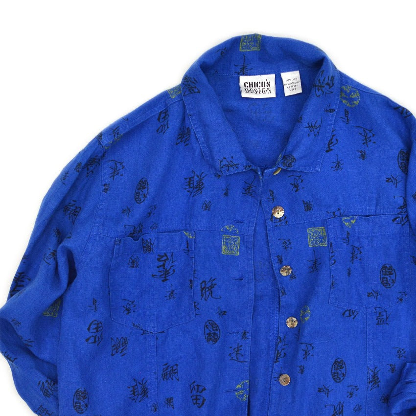 1990's CHICO'S DESIGN Kanji PRINT LINEN SHIRT...
