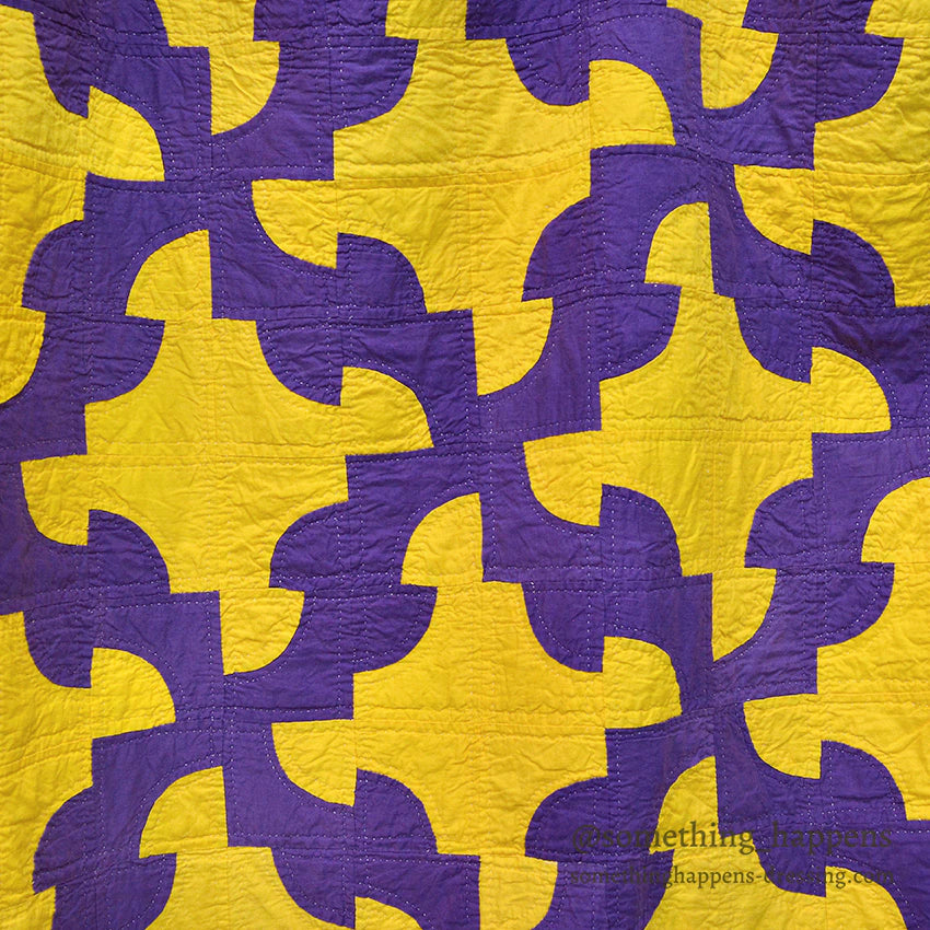 DRUNKARD'S PATH PURPLE & YELLOW PATCHWORK QUILT... 208cm/146cm