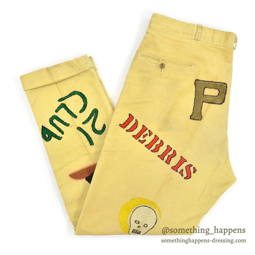 1960's PURDUE UNIVERSITY SENIOR CORDS HAND PAINTED PANTS SKULL & CRECENT... W36/L30