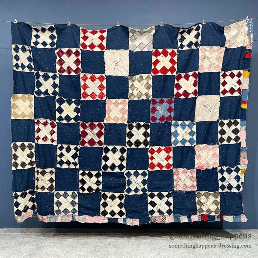 c.1900's ANTIQUE INDIGO CALICO SIGNATURES ALBUM QUILT TOP ... 210cm/168cm