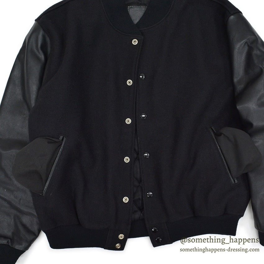 1990's GOLDEN BEAR ALL BLACK WOOL / LEATHER VARSITY JACKET... L