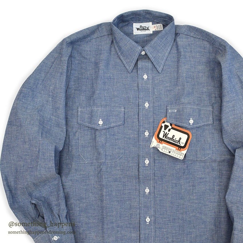 1970's DEADSTOCK WOOLRICH ALL COTTON CHAMBRAY SHIRT ORANGE SELVEDGE ... M