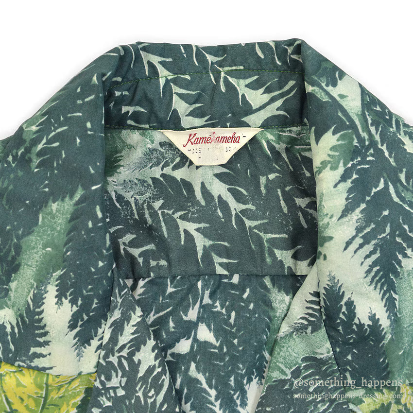 1950's KAMEHAMEHA LEAF PATTERN NYLON ALOHA SHIRT ... L