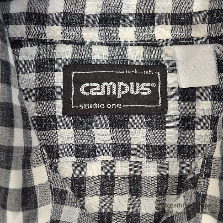 1970's CAMPUS BLACK GINGHAM CHECK S/S SHIRT ... L