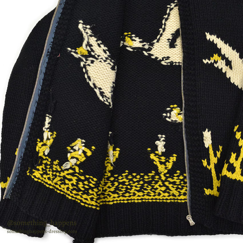 1950's OLD BLACK COWICHAN SWEATER DUCKS AND FLOWERS...