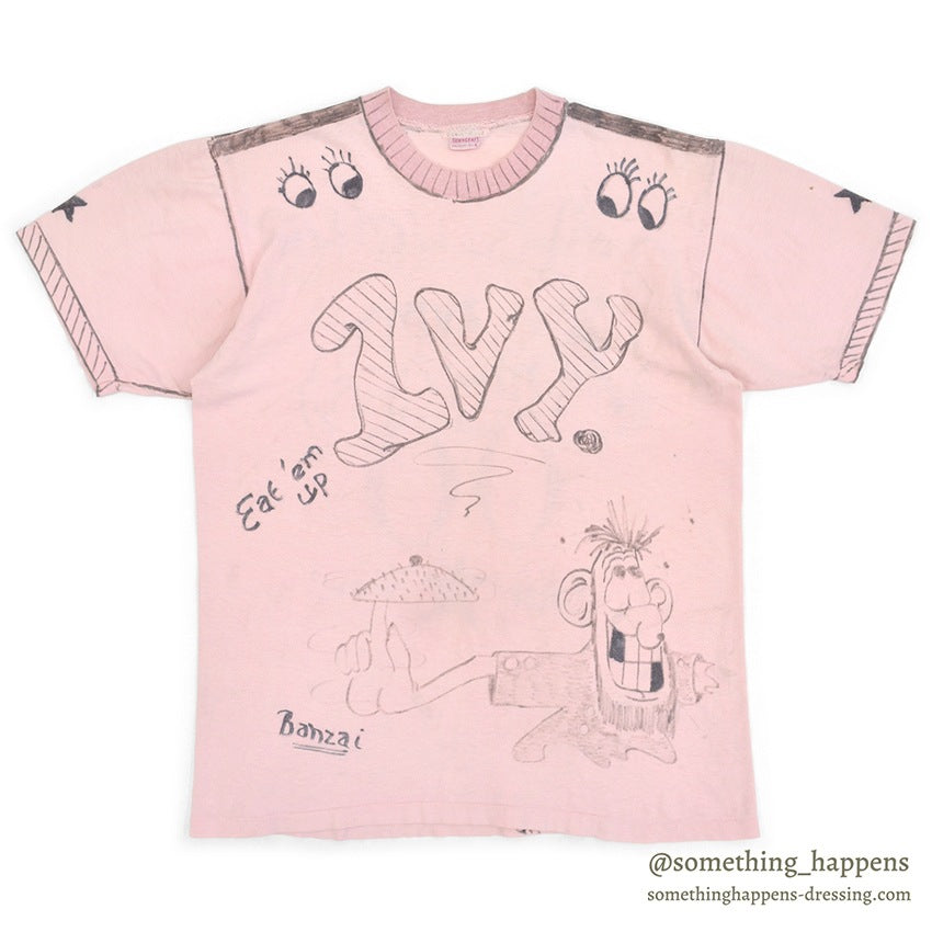 1960's TOWNCRAFT HAND DRAWING T-SHIRT / PINK...M