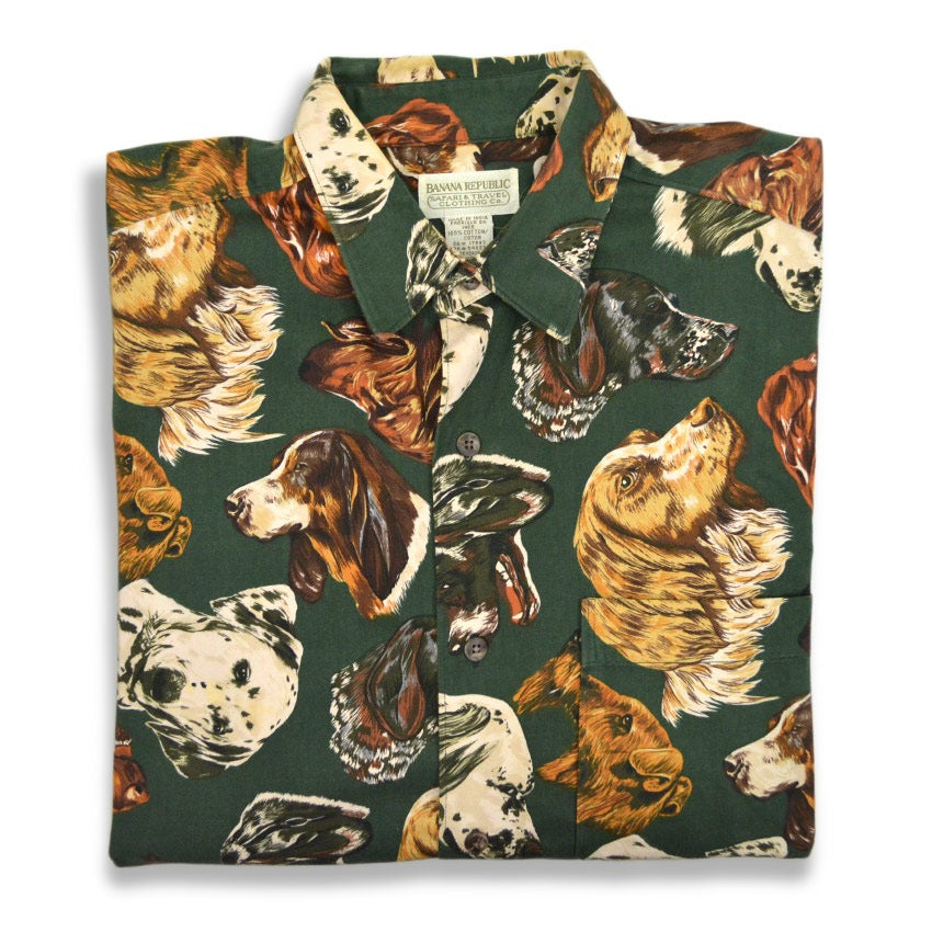 1980's BANANA REPUBLIC SAFARI & TRAVEL DOG PRINT SHIRT ... M