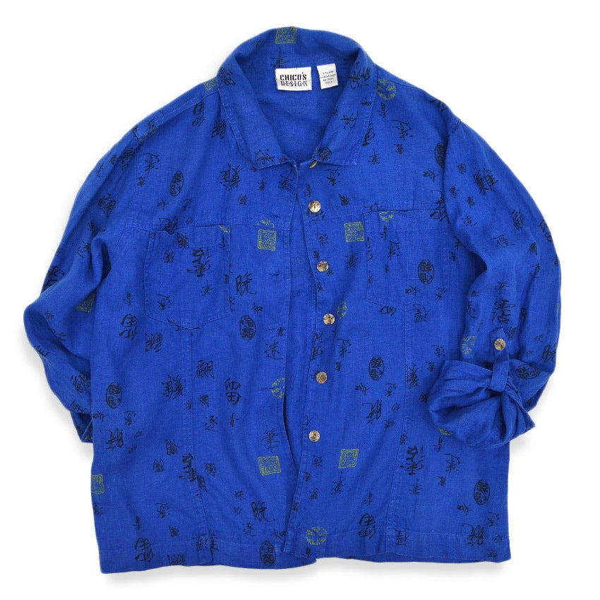 1990's CHICO'S DESIGN Kanji PRINT LINEN SHIRT...