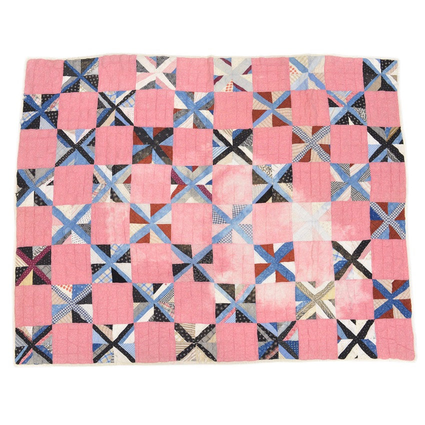 OLD PATCHWORK CALICO PINWHEEL / STRING PIECING QUILT... 148cm×188cm