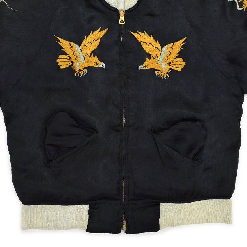 1940s- JAPAN SOUVENIR JACKET (Sukajan) - Black with gold embroidery of tiger, eagle, and dragon - YKK zipper...
