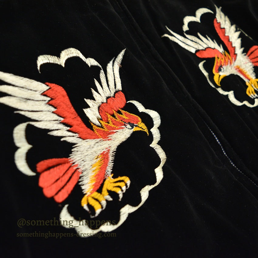 1950s JAPAN SOUVENIR JACKET (Sukajan) - Black velvet, navy and white ribbing...