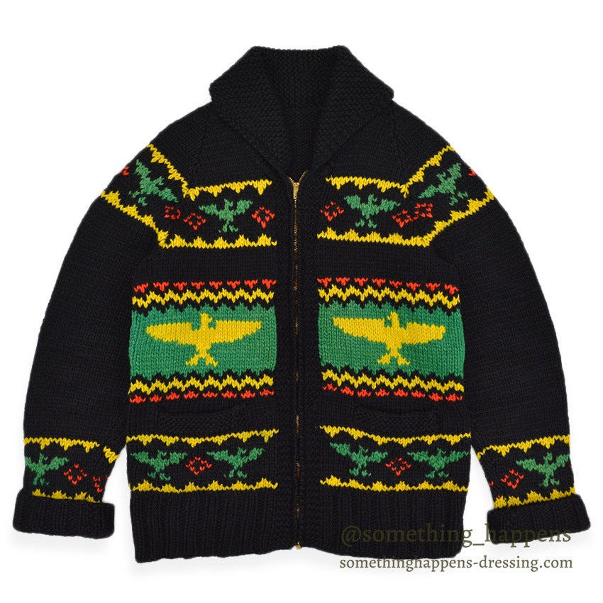 1950's INDIAN THUNDERBIRD HAND KNIT COWICHAN SWEATER BLACK...
