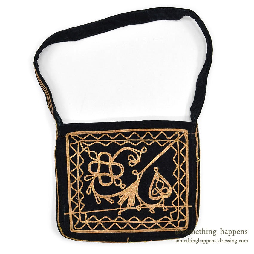 1960's~ HAND MADE EMBROIDERED BLACK VELVET SHOULDER BAG...