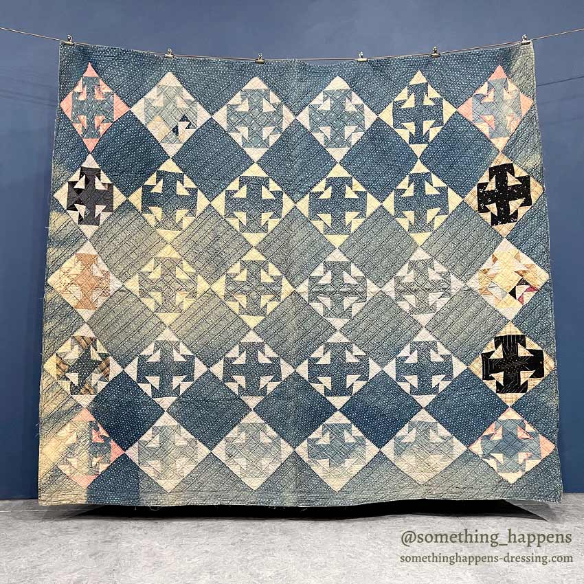 ANTIQUE INDIGO CALICO PATCHWORK QUILT BEAUTIFUL FADED... 196cm/164cm