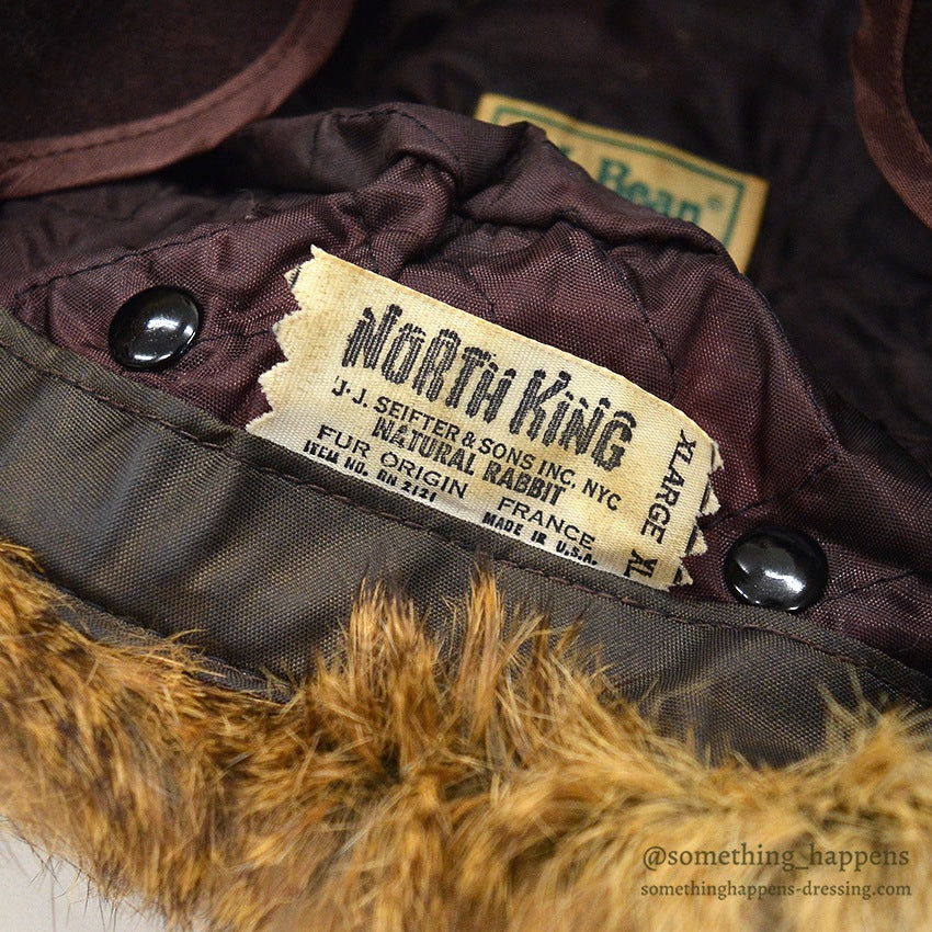 1980's LLBEAN NORTH KING NATURAL RABBIT FUR WITH COTTON CLOTH HAT... XL