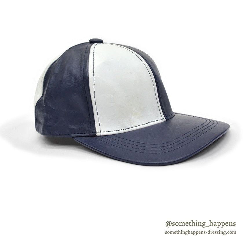 1990's NAVY/WHITE LEATHER PANEL CAP...