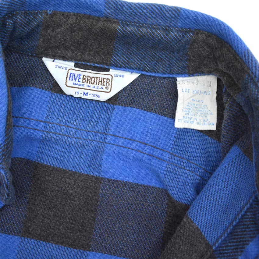 70's FIVE BROTHER Block Check Blue x Black Flannel Shirt ... M
