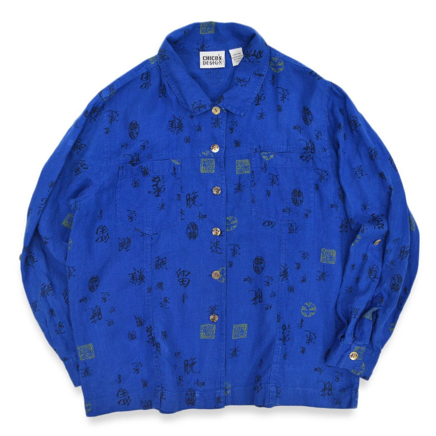 1990's CHICO'S DESIGN Kanji PRINT LINEN SHIRT...