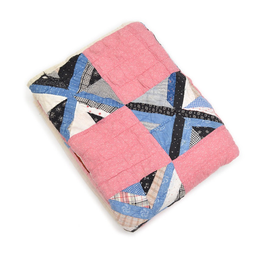 OLD PATCHWORK CALICO PINWHEEL / STRING PIECING QUILT... 148cm×188cm