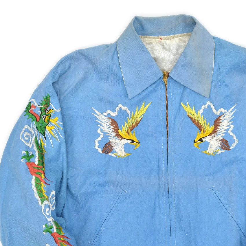 1960's VIETNAM ERA JAPAN SOUVENIR JACKET LIGHT BLUE Dragon Hawk Tiger ... M
