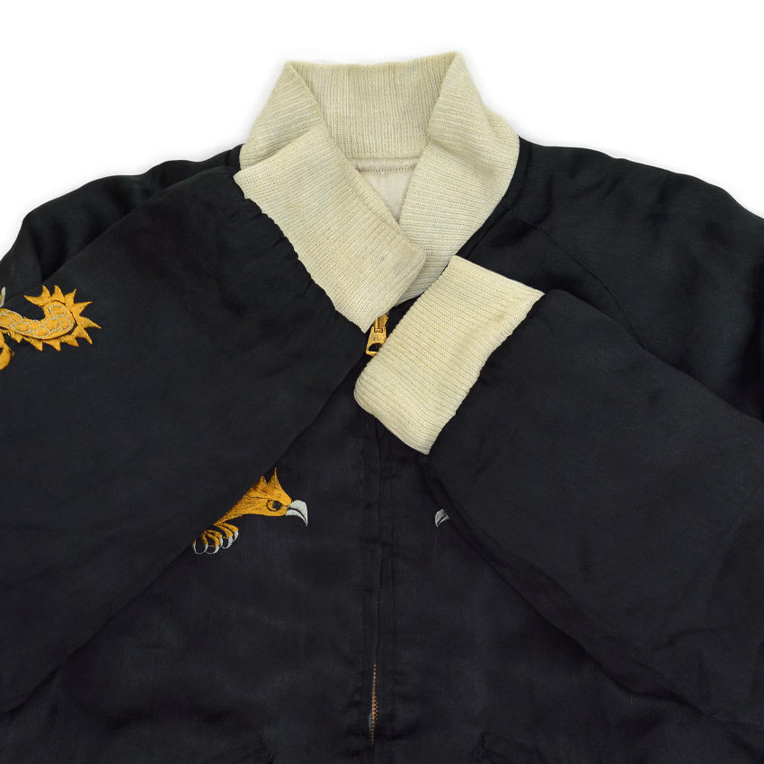 1940s- JAPAN SOUVENIR JACKET (Sukajan) - Black with gold embroidery of tiger, eagle, and dragon - YKK zipper...