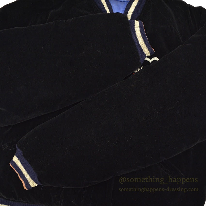1950s JAPAN SOUVENIR JACKET (Sukajan) - Black velvet, navy and white ribbing...