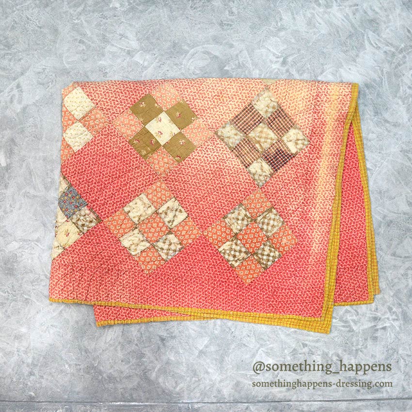 ANTIQUE NINE PATCH CALICO PATCHWORK RED CRIB QUILT FADED... 120cm/99cm