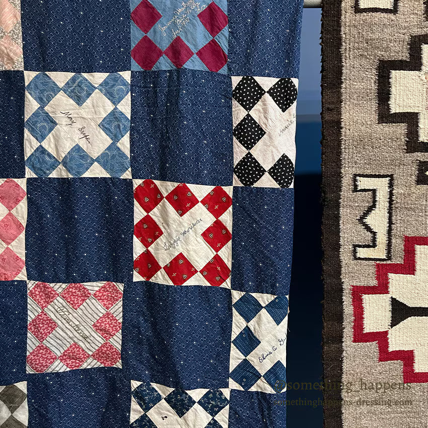 c.1900's ANTIQUE INDIGO CALICO SIGNATURES ALBUM QUILT TOP ... 210cm/168cm