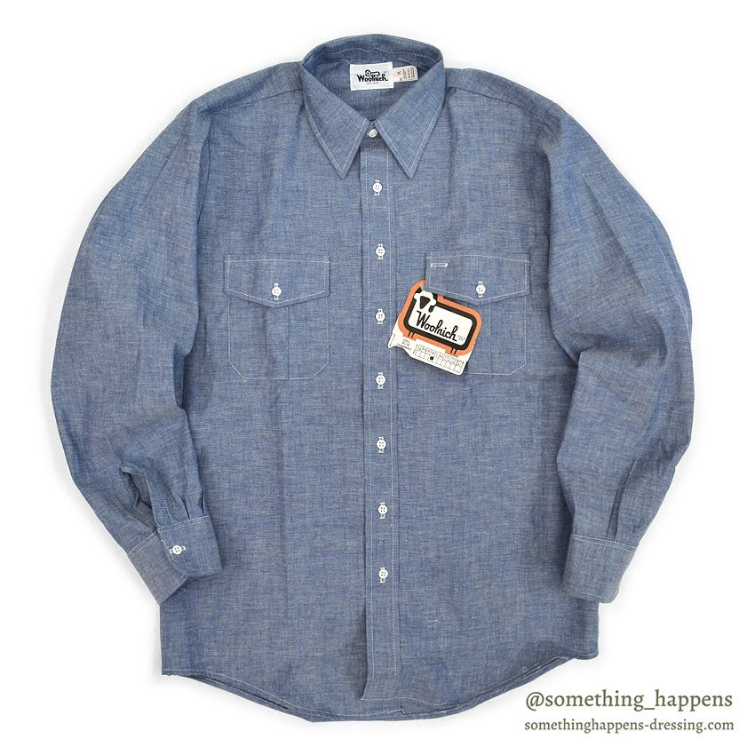 1970's DEADSTOCK WOOLRICH ALL COTTON CHAMBRAY SHIRT ORANGE SELVEDGE... M