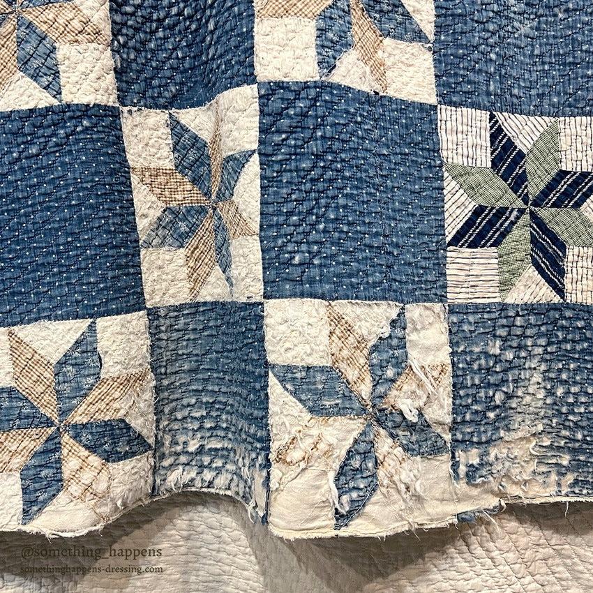 ANTIQUE EIGHT POINT STAR INDIGO CALICO PATCHWORK QUILT... 202cm/168cm