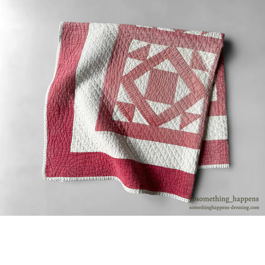 ANTIQUE RED / WHITE DOUBLE SQUARE PATCHWORK CRIB QUILT... 100cm/94cm