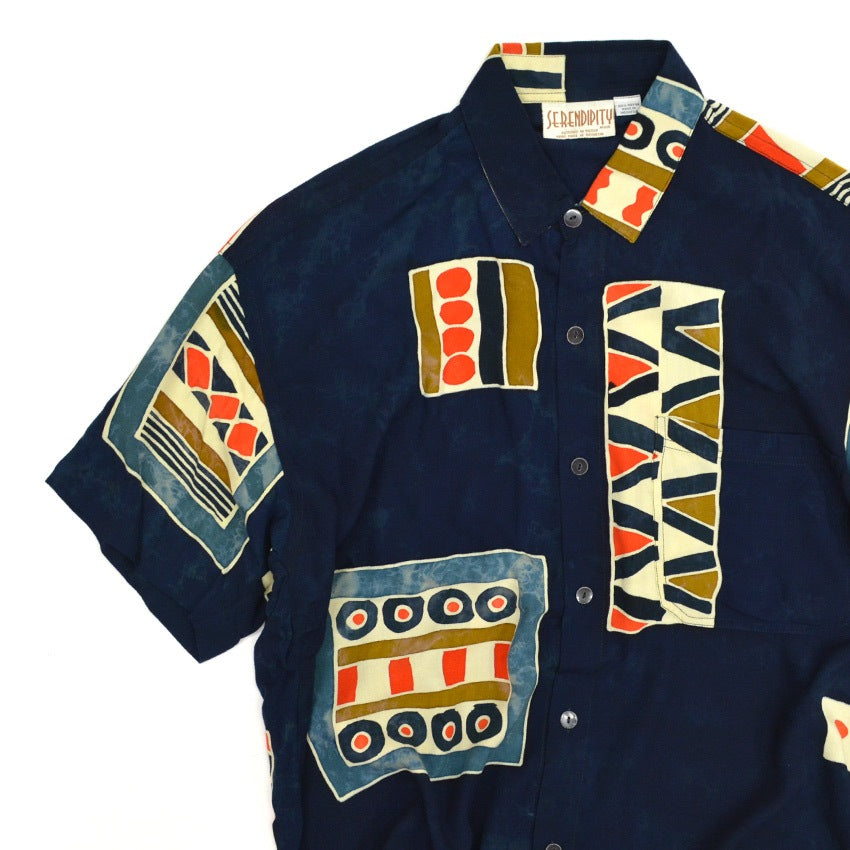 ~90's SERENDIPITY ART Indigo-dyed Rayon S/S Shirt ... M