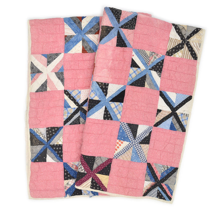OLD PATCHWORK CALICO PINWHEEL / STRING PIECING QUILT... 148cm×188cm