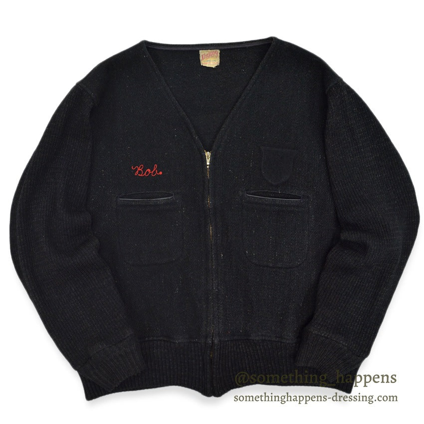 ~60's UNITOG BLACK ZIP UP WOOL JACKET...X-LARGE LONG