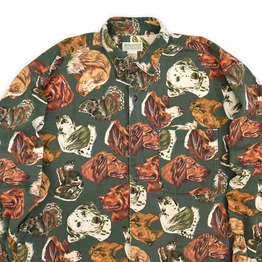 1980's BANANA REPUBLIC SAFARI & TRAVEL DOG ​​PRINT SHIRT...L