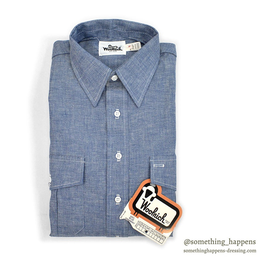 1970's DEADSTOCK WOOLRICH ALL COTTON CHAMBRAY SHIRT ORANGE SELVEDGE ... M