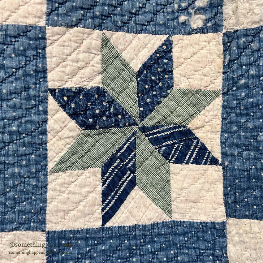 ANTIQUE EIGHT POINT STAR INDIGO CALICO PATCHWORK QUILT... 202cm/168cm