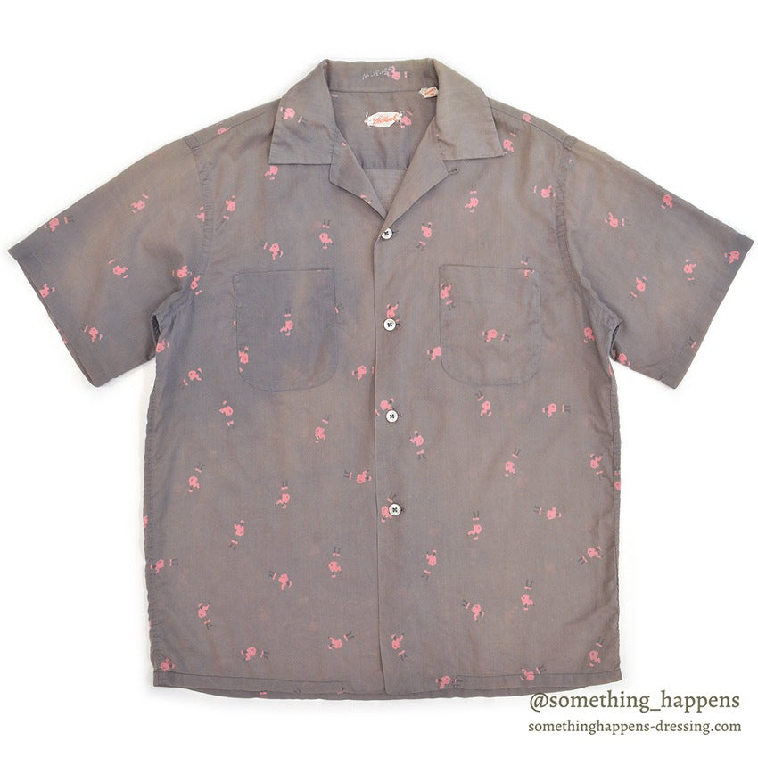 1950's GRAY/PINK JOCKEY PRINT S/S SHIRT ... M