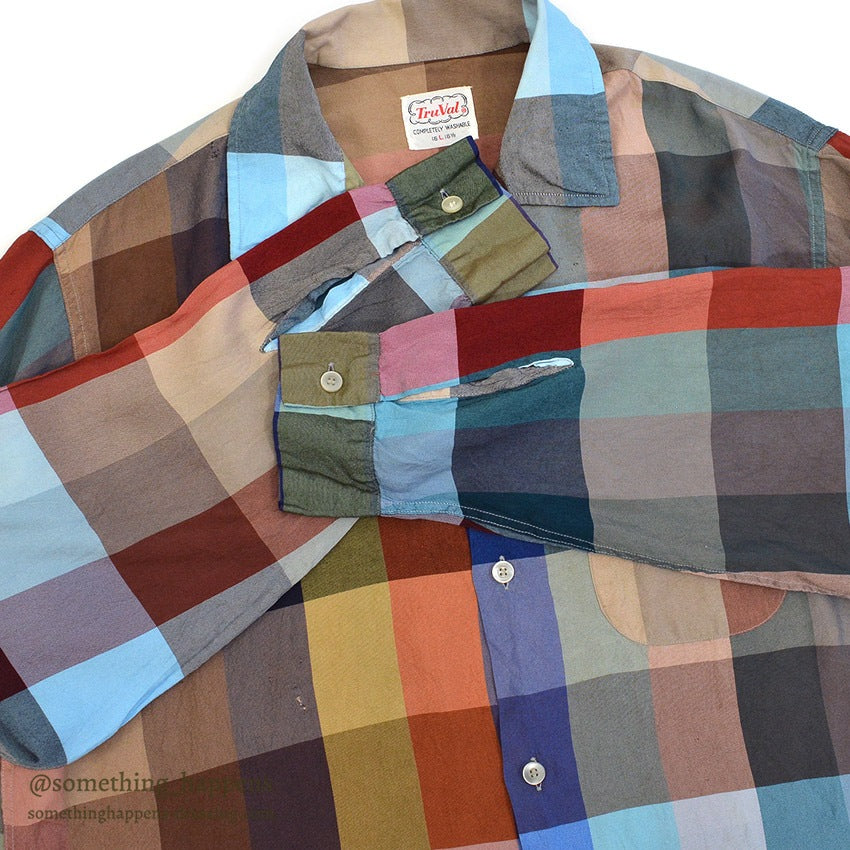 1960's TruVal BLOCK PLAID RAYON BLEND SHIRT... L