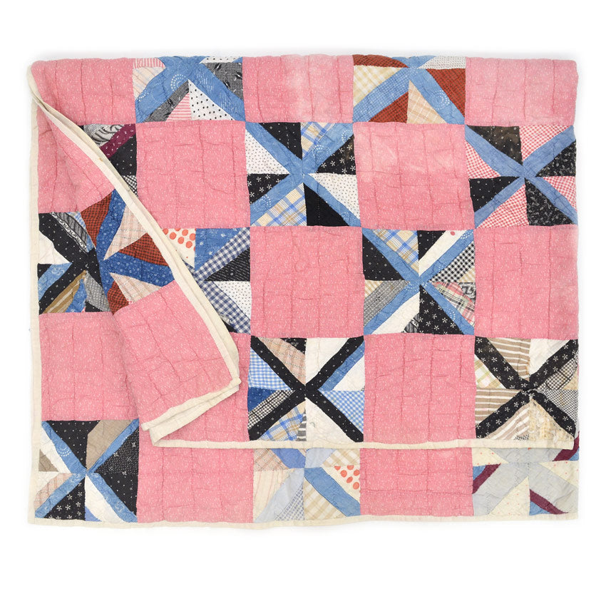 OLD PATCHWORK CALICO PINWHEEL / STRING PIECING QUILT... 148cm×188cm