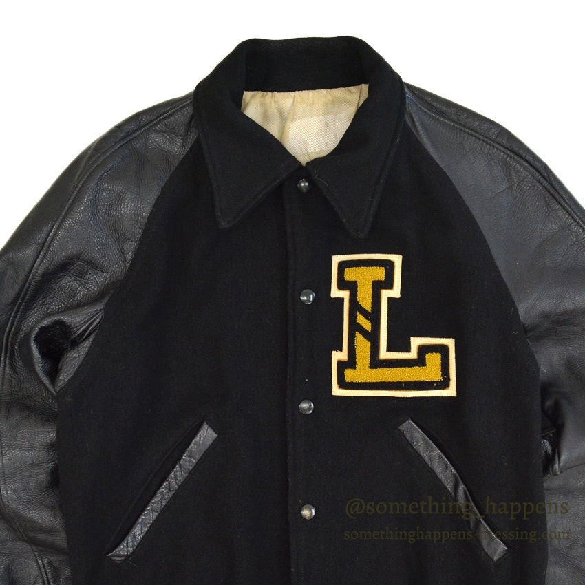 1950's BLACK WOOL & LEATHER LETTERMAN JACKET...